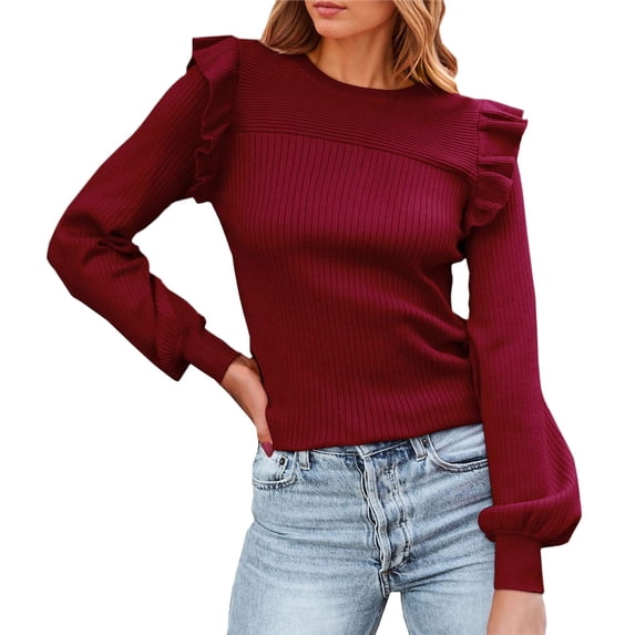Rovga Ladies Ruffles Shoulder Long Sleeve Sweater O-Neck Slim Fit Fall Rib Knit Top Trendy Dailywear