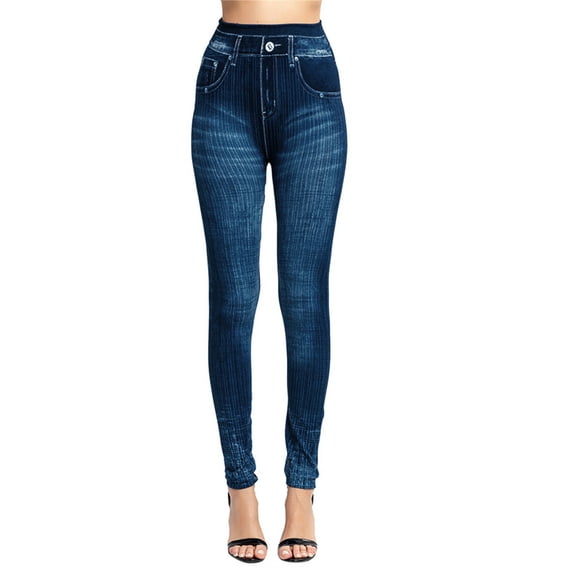 Rovga Leggings For Women Solid Color Elastic Jeans Thermal Stripe Print Imitation Denim Tights Hiking Pant Outfits Yoga Pants Soft Daily Wear Blue S