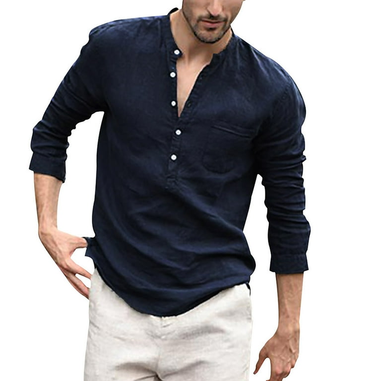 Rovga Men Button Down Shirts Vintage Pure Color Button Linen Solid