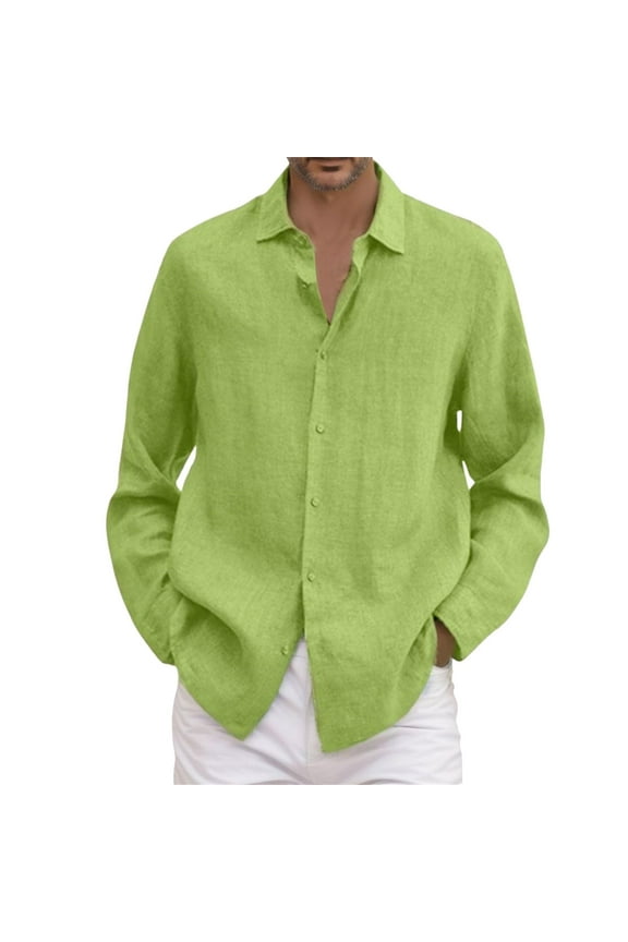 Mens Shirts Male Summer Solid Casual Plus Size Loose Shirt Turn Down Long Sleeve Shirt Yellow Xxxl