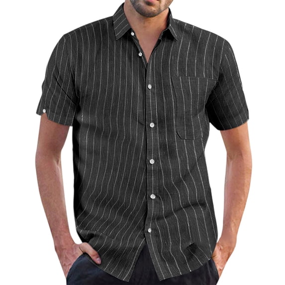 Rovga Mens Shirts Summer Solid Color Casual Short Sleeve Turn Down Shirt Polka Dot Striped Print Design Shirt Black Xl