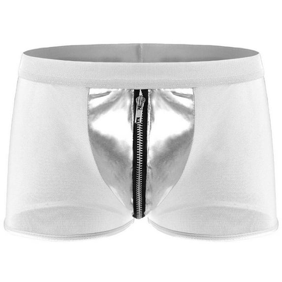 Rovga Mens Underwear Underwear Medium Waist Fine Mesh Imitation Leather Zipper Boxers Pants Hot Home Wear White M