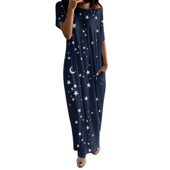 Rovga Nightshirts & Gowns Womens Daily Short Sleeve Stars Print Casual Inclined Shoulder Maxi Sleep Dress