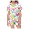 thumbnail image 1 of Rovga Outfits For Girls Short Sleeve Heart Shaped Leopard Print Pajama Set Lapel Tee Caual Shorts With Pockets Heart Shaped Print Set Comfortable Vacation Clothes Set Light 4-5 Years, 1 of 6