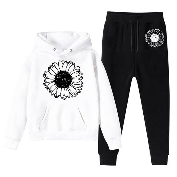 Rovga Outfits For Little Girl Long Sleeve Solid Color Hoodie Sweatshirt Sweatpants Two Piece Outfits Set Tracksuit White Fashion Girl Clothing 7-8 Years