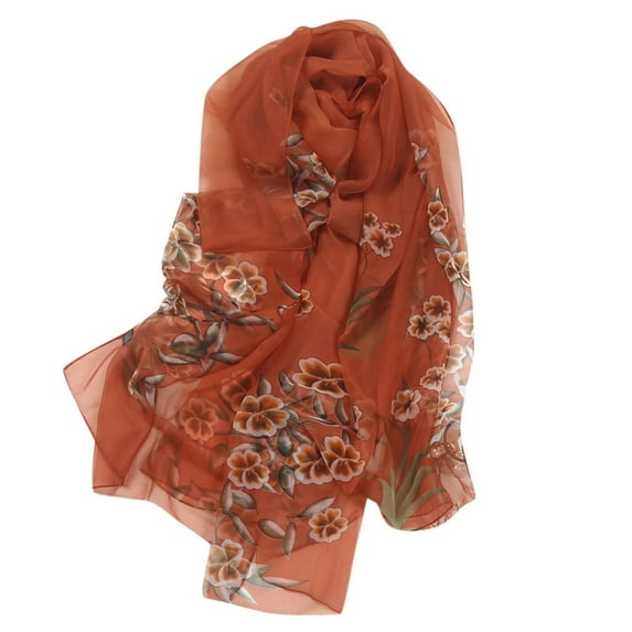 Rovga Scarf For Women Flower Printed Chiffon Sunscreen Silk Scarf And Long Ladies Scarf Shawl Dual-Usesummer Gift Brick Red