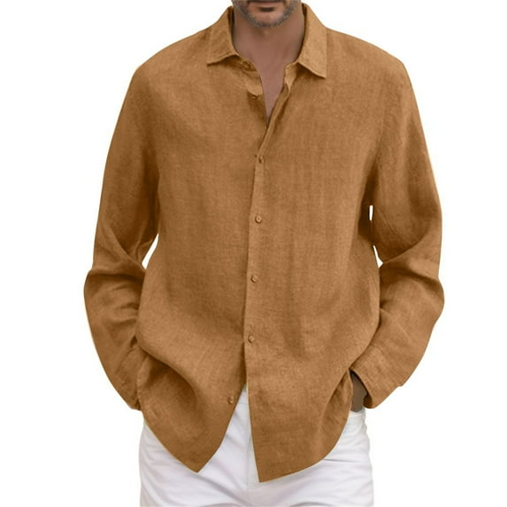 Rovga Shirts For Men Male Summer Solid Casual Plus Size Loose Shirt Turn Down Long Sleeve Shirt Khaki L