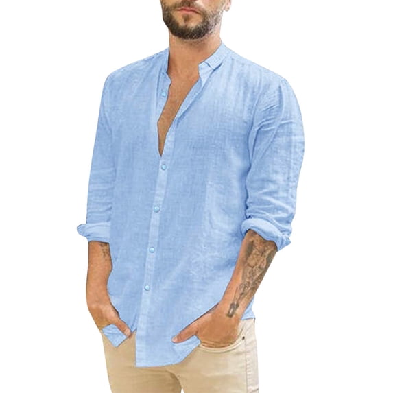 Rovga Shirts For Mens Long Sleeve Lepal Casual Solid Color Turn-Down Button Shirt Light Blue Xl