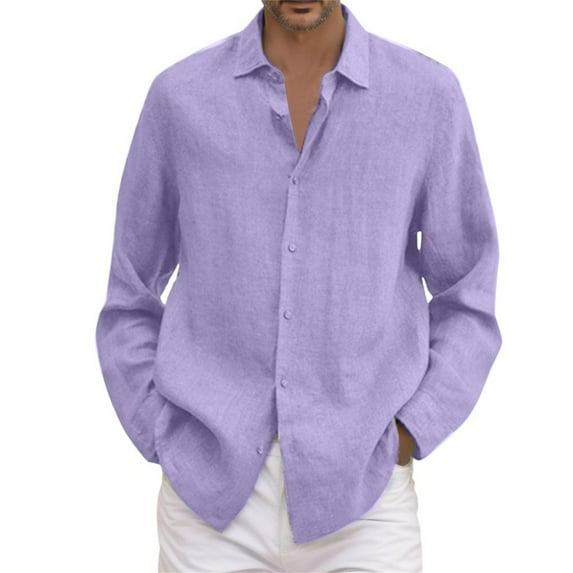 Rovga Shirts For Mens Male Summer Solid Casual Plus Size Loose Shirt Turn Down Long Sleeve Shirt M