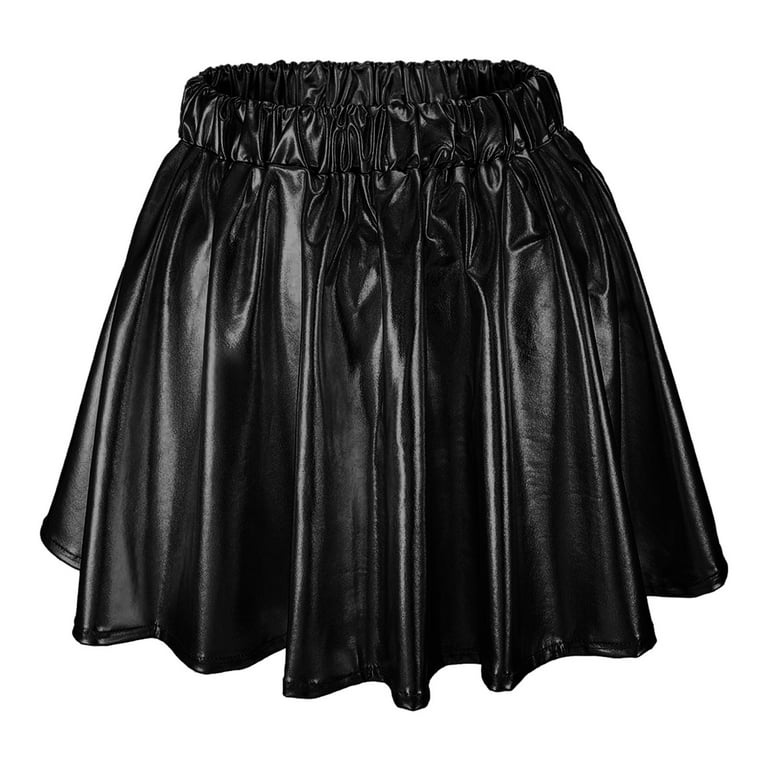 Rovga Skirts For Womens Trendy High Waist Solid Color Metallic Skater Skirt Sparkly Shiny Flare Pleated A Line Mini Skirt Sweet Cute Clothes Black M Walmart