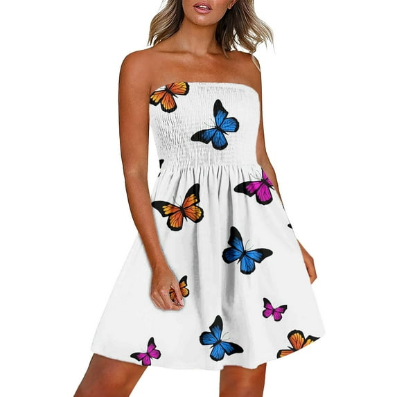 Rovga Summer Dress For Women Beach Boho Strapless Vacation Off Shoulder Floral Printed Elegant Dailywear