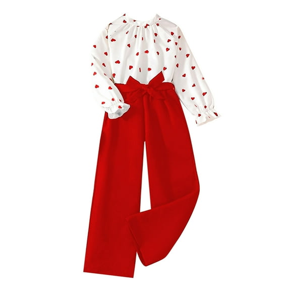 Rovga Summer Outfits For Girl Heart Prints Long Sleeve Round Neck Tee Straight Leg Pants Cute Girl Clothes Set Red 9-10 Years