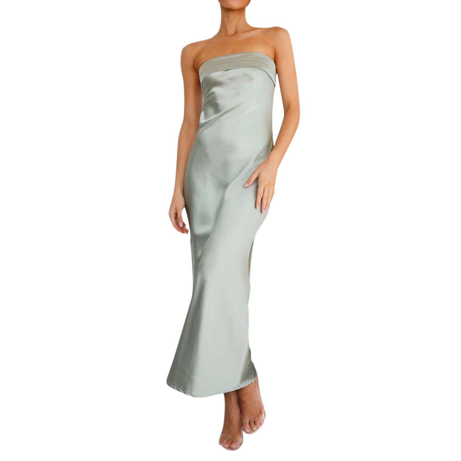 Strapless Ruched Satin Bodycon Maxi Dress