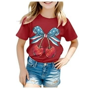 Rovga T Shirt For Girls Cherry Prints Tops Round Neck Short Sleeve Tee Fashion Summer Holiday Comfortable Clothes Red 10-11 Years