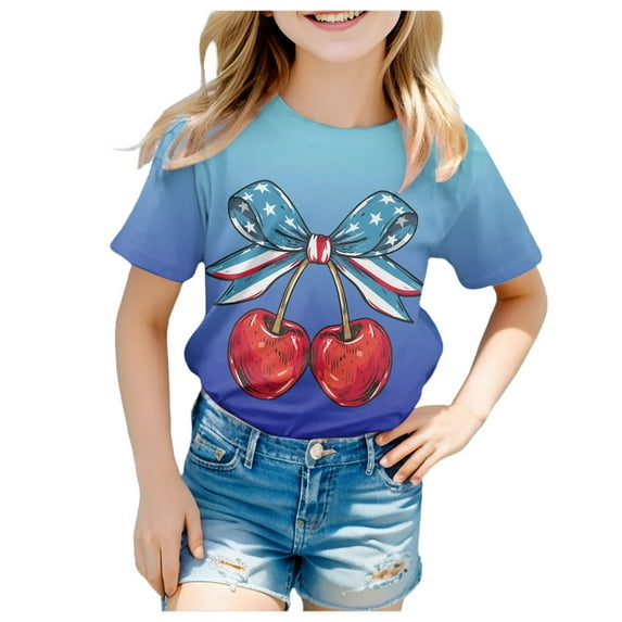 Rovga T Shirt For Girls Cherry Prints Tops Round Neck Short Sleeve Tee Fashion Summer Sports Soft Blouses Sky Blue 8-9 Years