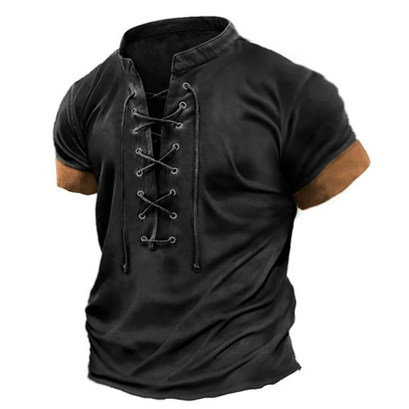Rovga T Shirts For Mens Sports Shirt Short Sleeved Lace Up Pullover Comfortable And Lightweight Casual Tops Black L
