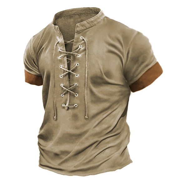 Rovga T Shirts For Mens Sports Shirt Short Sleeved Lace Up Pullover Comfortable And Lightweight Casual Tops Khaki L
