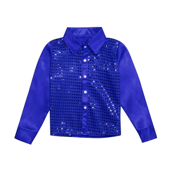 Rovga Teen Boys Tops Kids Sparkly Sequins Dance Top Long Sleeve Button Down Shirt Jazz Dance Performance Lightweight Child Clothes Blue 13-14 Years