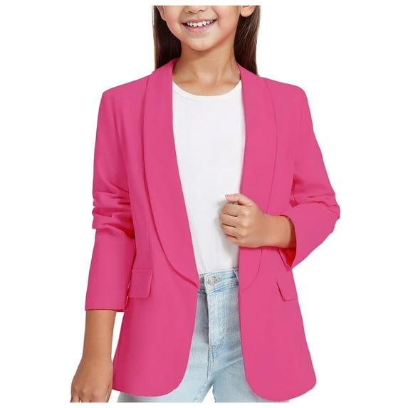 Rovga Teen Tops For Girls Long Sleeve Shawl Formal Suit Jacket Open Front Inner Pocket Kids Lightweight Loungewear Hot Pink 11-12 Years