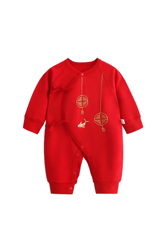 Toddler Baby Girls Boys Calendar Chinese New Year Onesie Kimono Tang Suit Red Long Sleeve Romper Jumpsuit Outfits Cute Clothing