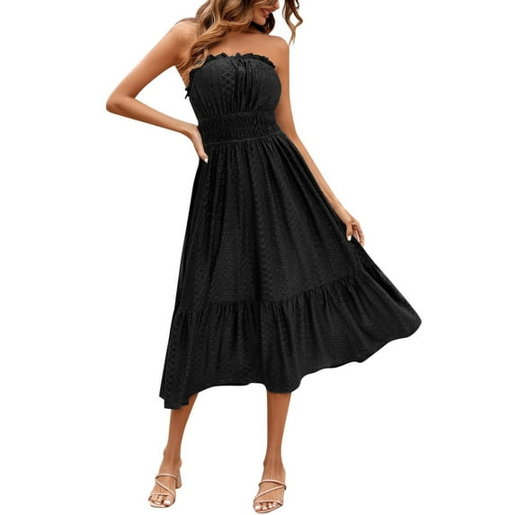 Rovga Women Casual Boho Solid Color Sleeveless Off-Shoulder Vacation Long Dress Elegant Dailywear