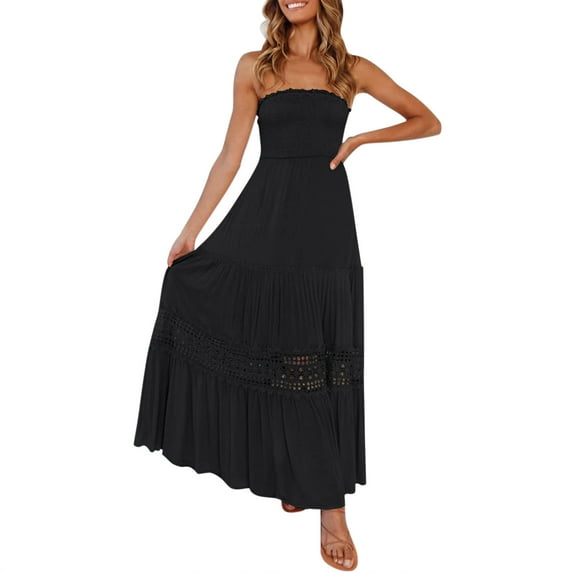 Rovga Women Dress Summer Bohemian Strapless Off Shoulder Lace Trim Backless Flowy A-Line Beach Long Maxi Dress Streetwear