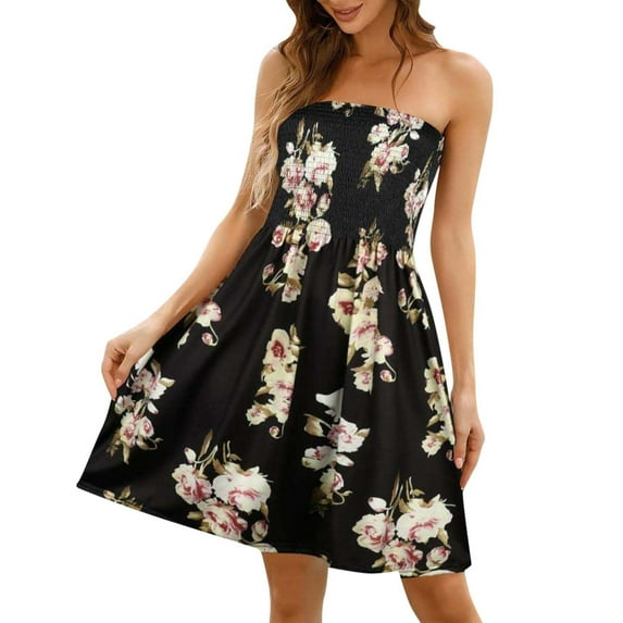 Rovga Women Fashion Strapless Sleeveless Off-Shoulder Dress Flower Printed Summer Beach Vacation Flowy Midi Dress Elegant Dailywear
