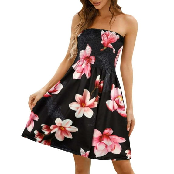 Rovga Women Fashion Strapless Sleeveless Off-Shoulder Dress Flower Printed Summer Beach Vacation Flowy Midi Dress Elegant Dailywear