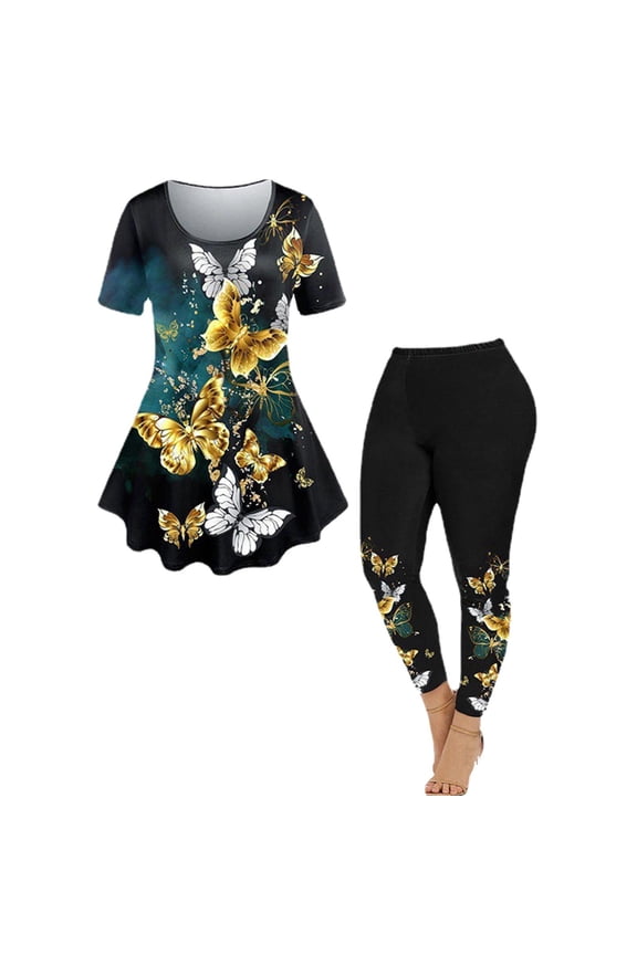 Women Outfits Sets 2PCS Summer Casual Short Sleeve Printed Top Pants 2PCS Suit Dailywear Simple
