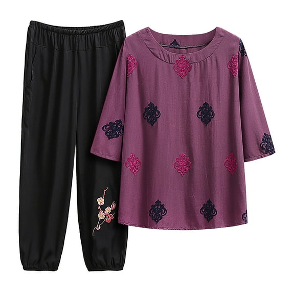 Rovga Women Outfits Sets Short Sleeve Summer Cardigan Loose Comfortable Medium Elderly Shirt Trousers 2PCS Suit Outwear Leisure