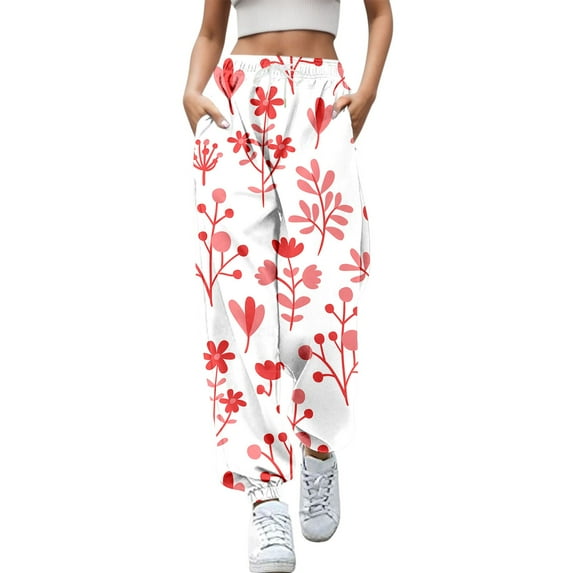 Rovga Women Pants Casual Trousers Long Elastic Daily Legging Floral Printed High Waistband Fashion Sweat Pant Comfy Streetwear