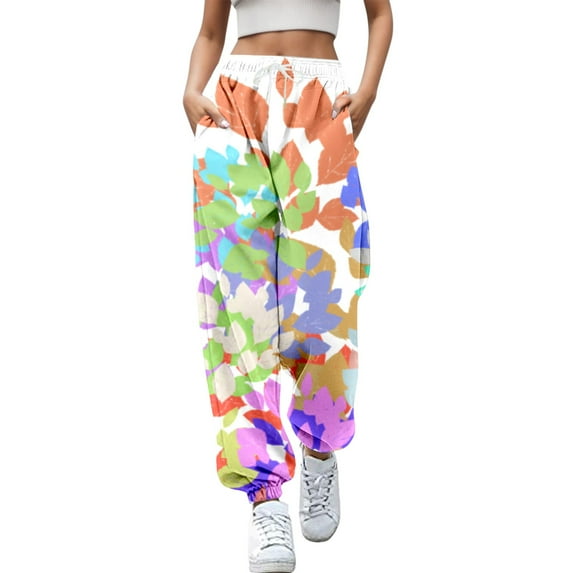 Rovga Women Pants Casual Trousers Long Elastic Daily Legging Floral Printed High Waistband Fashion Sweat Pant Relaxed Streetwear