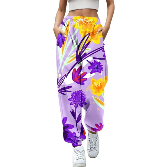 Rovga Women Pants Casual Trousers Long Elastic Legging Floral Printed Daily Waistband Fashion Sweat Pant Relaxed Streetwear
