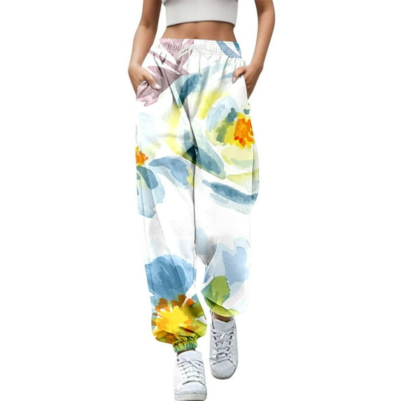 Rovga Women Pants Casual Trousers Long Elastic Legging Floral Printed Daily Waistband Fashion Sweat Pant Relaxed Streetwear