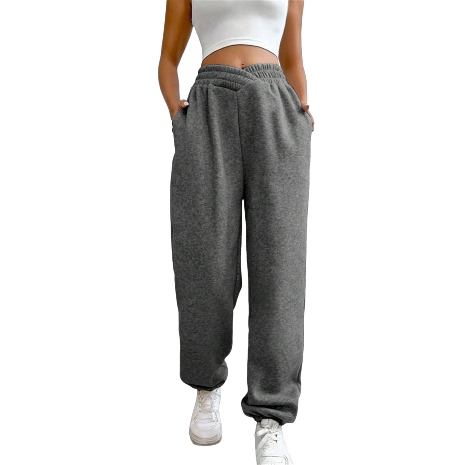 Rovga Women Pants High Waist Pants Casual Trousers Basic Elastic Trousers Workout Solid Color Joggers Pockets Female Streetwear