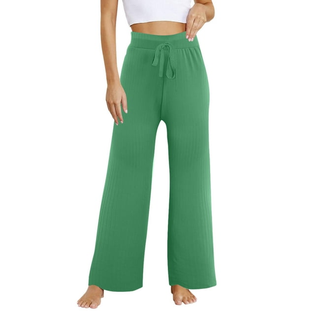Rovga Women Pants Ribbed Knit Wide Leg Pants Casual Trousers Flowing ...