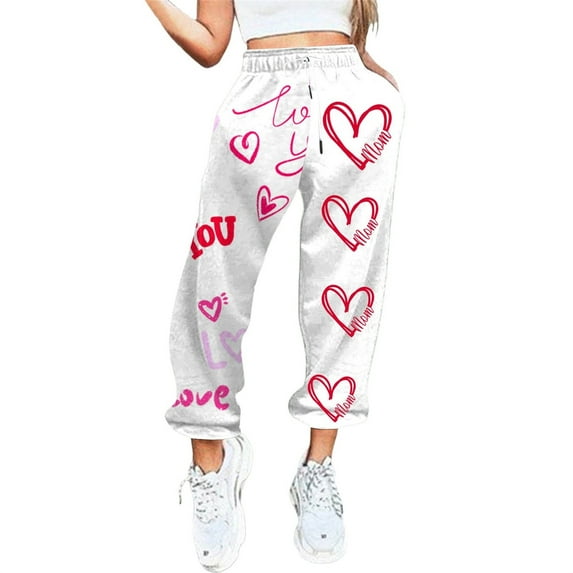 Rovga Women Pants Valentine's Day Love Heart Printed Bottom Sweatpants Pockets High Waist Sporty Gym Fit Jogger Trousers Classic Bottoms