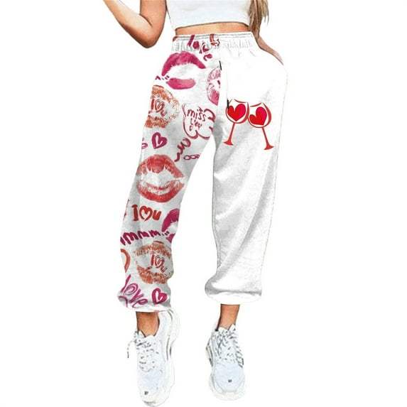 Rovga Women Pants Valentine's Day Love Heart Printed Bottom Sweatpants Pockets High Waist Sporty Gym Fit Jogger Trousers Classic Outwear