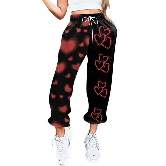 Rovga Women Pants Valentine's Day Love Heart Printed Bottom Sweatpants Pockets High Waist Sporty Gym Fit Jogger Trousers Comfy Streetwear