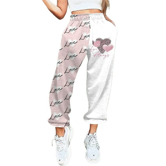 Rovga Women Pants Valentine's Day Love Heart Printed Bottom Sweatpants Pockets High Waist Sporty Gym Fit Jogger Trousers Comfy Streetwear