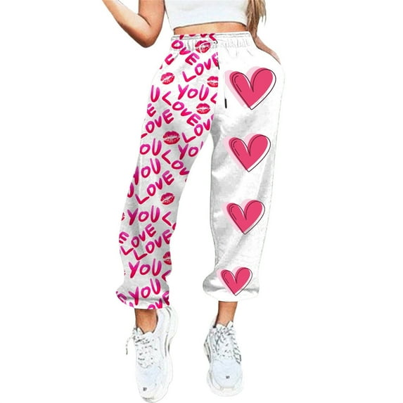 Rovga Women Pants Valentine's Day Love Heart Printed Bottom Sweatpants Pockets High Waist Sporty Gym Fit Jogger Trousers Leisure Bottoms