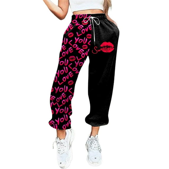 Rovga Women Pants Valentine's Day Love Heart Printed Bottom Sweatpants Pockets High Waist Sporty Gym Fit Jogger Trousers Leisure Bottoms