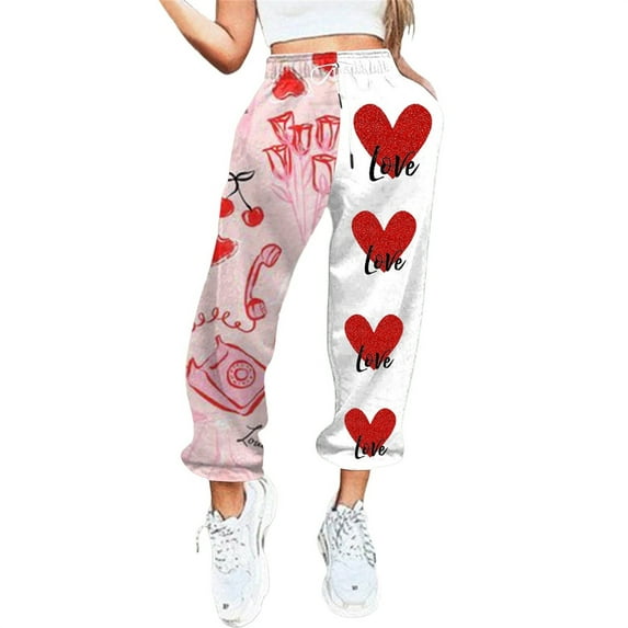 Rovga Women Pants Valentine's Day Love Heart Printed Bottom Sweatpants Pockets High Waist Sporty Gym Fit Jogger Trousers Relaxed Outwear