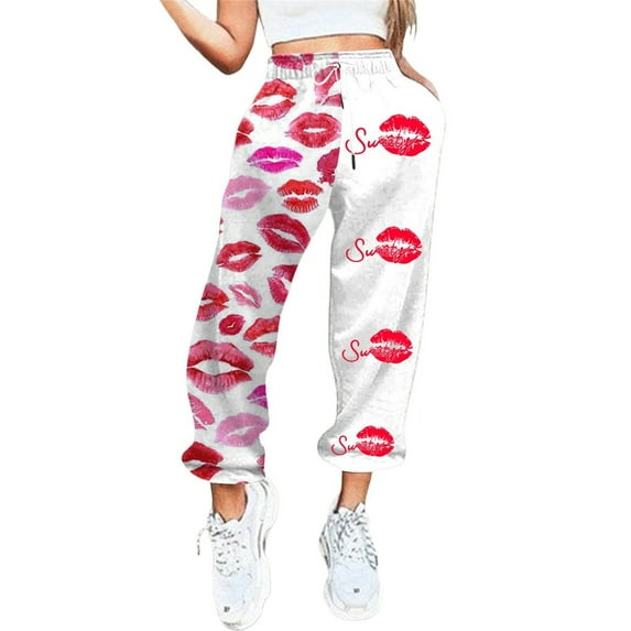 Rovga Women Pants Valentine's Day Love Heart Printed Bottom Sweatpants Pockets High Waist Sporty Gym Fit Jogger Trousers Relaxed Streetwear
