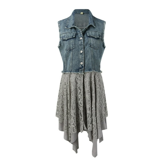 Rovga Women'S Jackets Sleeveless New All Denim Vest With Spliced Hem Lace Jacket Cute Retro Clothes Grey L