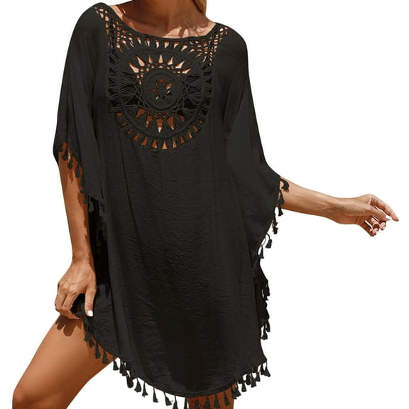 Rovga Women'S Swimwear Cover Ups 3/4 Sleeve Solid Color Patchwork Beach Dress Small Tassel Short Sexy Beach Cover Up One Size Black