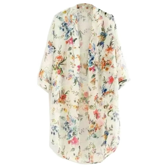 Rovga Women'S Swimwear Cover Ups Long Sleeve Chiffon Floral Printing Long Shirt Sunscreen Shirt Coat L Beige