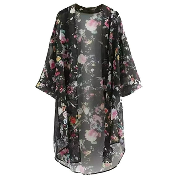 Rovga Women'S Swimwear Cover Ups Long Sleeve Chiffon Floral Printing Long Shirt Sunscreen Shirt Coat L Black