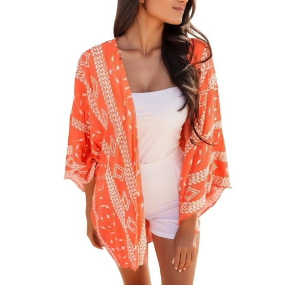 Rovga Women'S Swimwear Cover Ups Solid Color 3/4 Sleeve Flowy Kimono Cardigans Boho Chiffon Floral Beach Cover Up Tops S Orange
