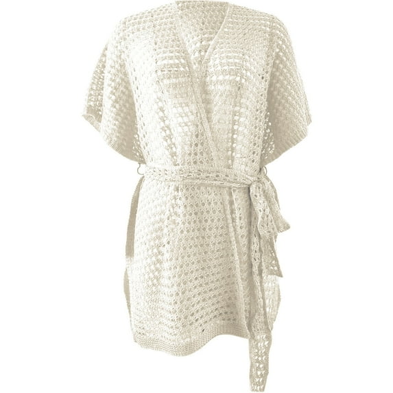 Rovga Women'S Swimwear Cover Ups Solid Color Short Sleeve Hollowed Out Knitted Cardigan Sunscreen Smock Beach Dress Long Sleeved Swimsuit Knitted Beach Jumpsuit L White